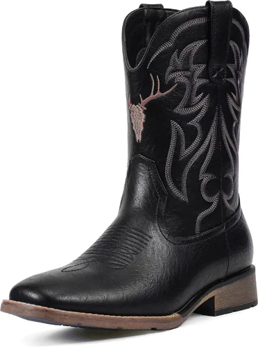 Vista 7 de Cowboy Boots for Men Square Toe Western Boots Retro Classic Embroidered Pull On Boot Café