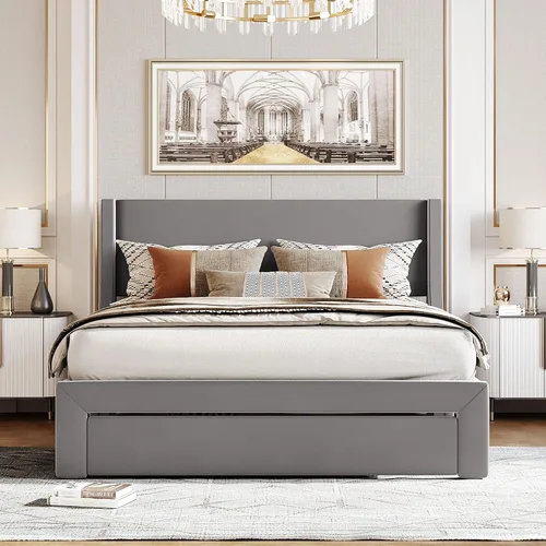Vista 26 de Cama de plataforma tapizada de tamaño matrimonial con cabecera de terciopelo con patrón de flores, con marco de cama de soporte de listones