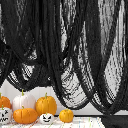 Vista 12 de Watayo Tela espeluznante de Halloween de 200 x 80 pulgadas, color negro, tamaño grande, para Halloween, cubierta de puerta de ventanas