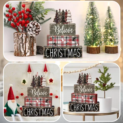 Vista 5 de DIYDEC 4 piezas de decoración de mesa de Navidad, árbol de Navidad, letrero de bloque de madera, decoración de bandeja escalonada de Navidad, pieza