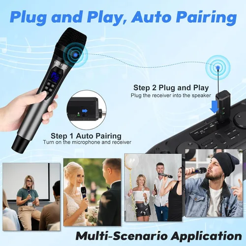 Vista 7 de HOTEC Micrófonos inalámbricos Dual UHF Sistema de micrófono de mano con control de eco/volumen, receptor recargable para karaoke, iglesia, boda