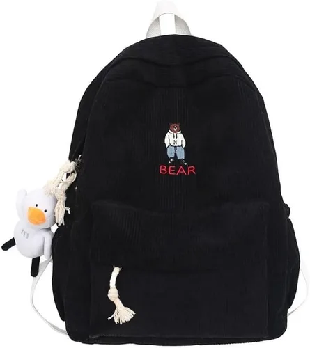 Vista 7 de YUESUO Mochila grande de pana Kawaii con bonito colgante de oso vintage para niña, estudiante, mochila escolar, Beige, Classic