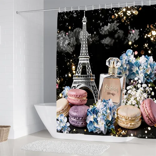 Vista 3 de Chrainy Juego de 4 cortinas de ducha de la torre Eiffel de París, botella de perfume, flores, negro, decoración de baño con 12 ganchos Waterproof