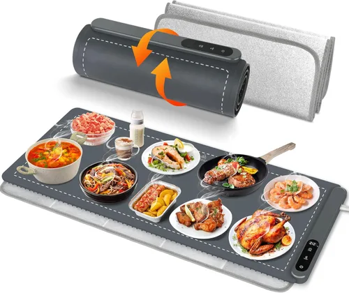 Vista 14 de OcePor (XL 24 x 15 pulgadas) Tapete Calentador de Alimentos, Bandeja de Calentamiento Eléctrica, Calentador de Alimentos Plegable para Fiestas