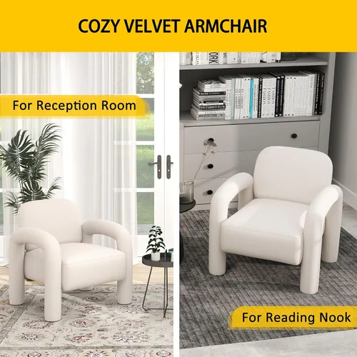 Vista 5 de Silla decorativa moderna, cómoda silla tapizada de terciopelo, acogedora silla individual de tocador, silla de barril copetudo, silla de lectura