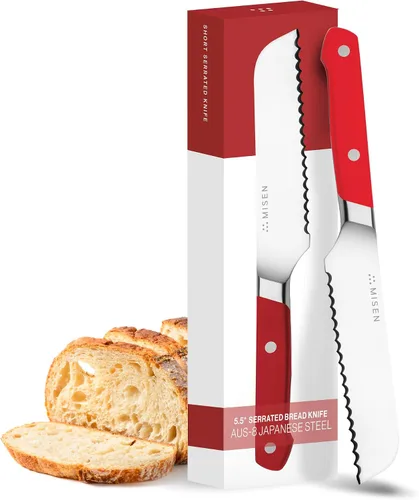 Vista 19 de Misen Cuchillo de Pan Dentado - Acero Japonés AUS8 de Alto Carbono - Perfecto para Alimentos Suaves, Pan, Pasteles y Frutas - Rebanador Versátil
