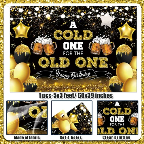 Vista 4 de Decoraciones de fiesta de cerveza, telón de fondo de feliz cumpleaños negro y dorado para hombres, un frío para el anciano, pancarta de fondo