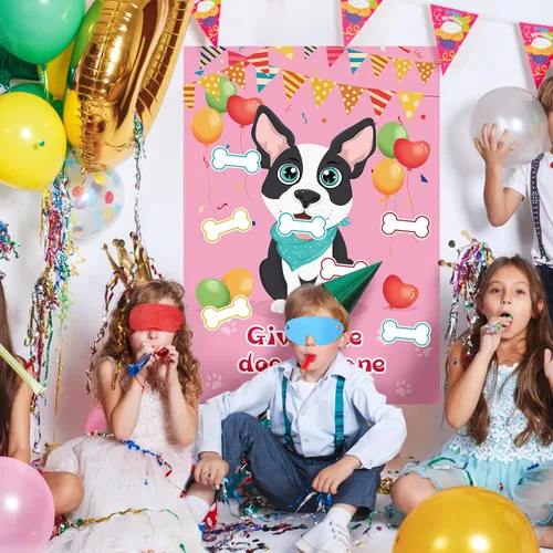 Vista 7 de Fowecelt Juego de fiesta Pin The Bone on The Dog con 48 piezas de hueso, vendas de ojos, póster y adhesivos para suministros de fiesta de cumpleaños