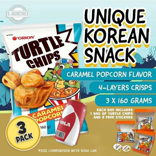 Vista 2 de K-Munchies Orion Turtle Chips – Bolsa grande de 3 x 160 gramos de sabor a caramelo con sabor a palomitas de maíz, chips coreanos grandes