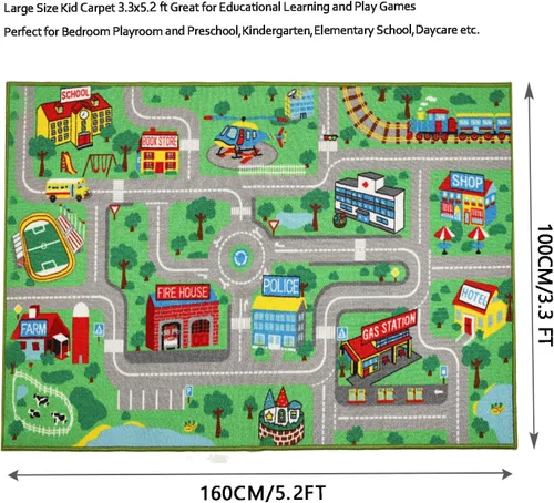 Vista 2 de Yincimar Alfombra de juego para niños para sala de juegos, 5.2 x 3.3 pies, mapa de ruta de la ciudad, alfombra de juego para automóvil, alfombra