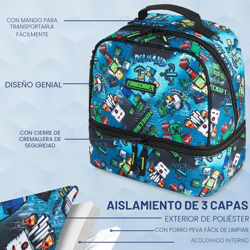 Vista 4 de Get Trend Minecraft - Lonchera reutilizable con aislamiento para niños, bolsa ligera con doble compartimento con asa, se adapta a la lonchera Azul
