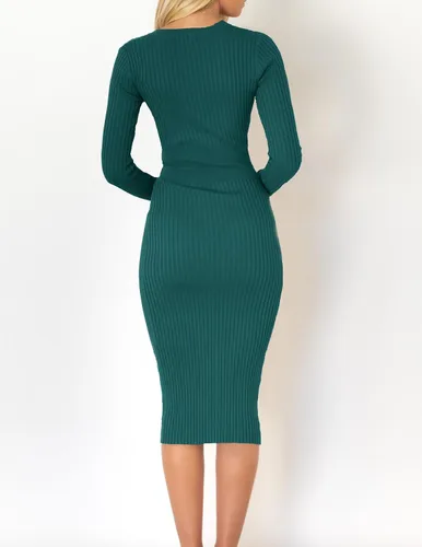 Vista 9 de ZESICA Vestido tipo suéter de otoño 2024 para mujer, cuello en V, manga larga, punto acanalado, cintura con lazo en la cintura, ajustado, vestidos