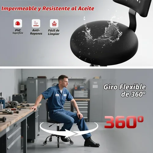 Vista 4 de Taburete Rodante de Taller con Ruedas, Silla de Garaje para Mecánicos con Altura Ajustable 39.5-46.5 cm, Asiento Giratório Resistente para Garaje