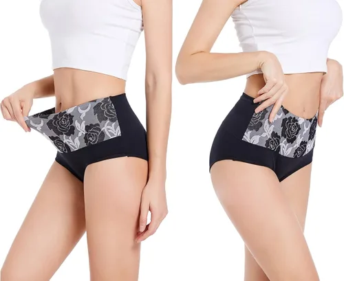 Vista 4 de Havvis - Calzones de cintura alta y de algodón para mujer, ropa interior que disimula la barriga, jacquard con rosas, paquete múltiple