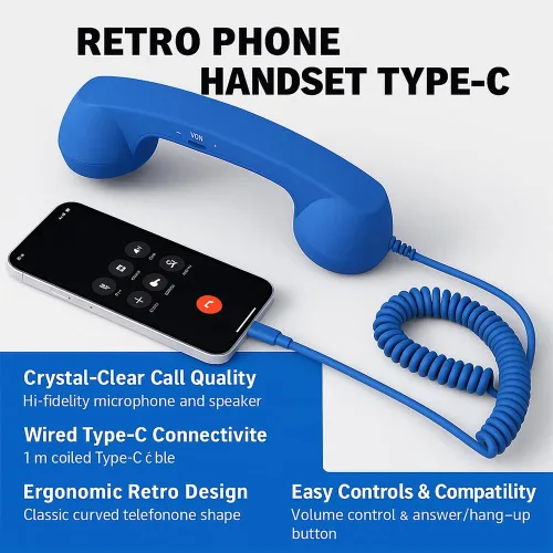 Vista 5 de Auricular retro para teléfono tipo C, teléfono retro con cable con micrófono y altavoz, receptor de teléfono clásico para teléfono celular