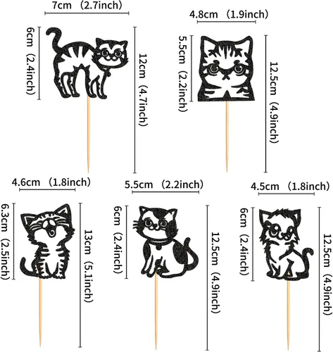 Vista 2 de Ercadio Paquete de 25 adornos para magdalenas de gatos, palillos para tartas de gatos negros, selecciones de cupcakes de animales, decoraciones
