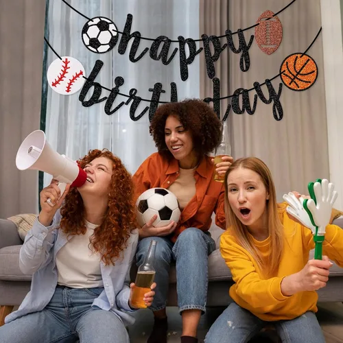 Vista 7 de Cartel deportivo de feliz cumpleaños, pancarta de cumpleaños con purpurina, fútbol, béisbol, fútbol, baloncesto (negro) Sports Birthday Party