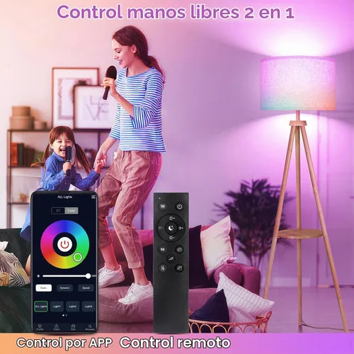 Vista 2 de OUTON - Lámpara de pie con trípode y estantes, lámpara de pie de madera de mediados de siglo regulable con control remoto, 4 temperaturas