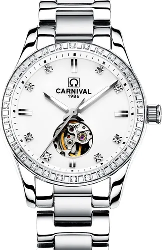 Vista 28 de Carnival Reloj de mujer con esqueleto mecánico automático, cristal de zafiro sintético, oro rosa, acero inoxidable, impermeable, color blanco