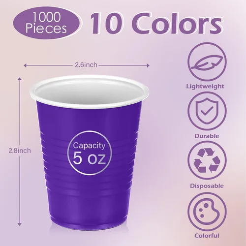Vista 2 de Eaasty 1000 vasos de plástico desechables para fiestas, 10 colores, 5 onzas, vasos de plástico de 5 onzas, vasos desechables de varios