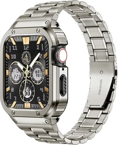 Vista 20 de MioHHR Correa de Acero Inoxidable para Reloj con Estuche Compatible con Correas de Apple Watch 40/41 mm, Correa Resistente con Cubierta Protectora