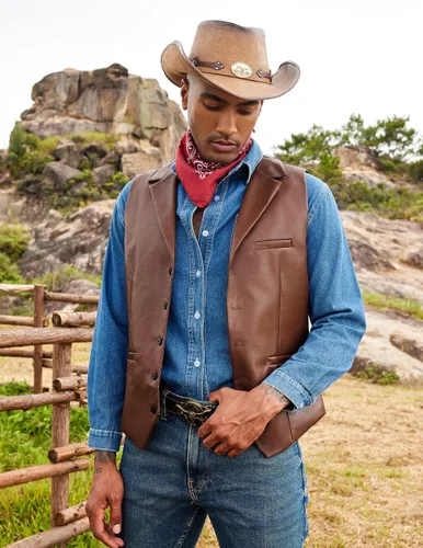 Vista 3 de COOFANDY Chaleco de traje de cuero para hombre, chaleco casual occidental, chaqueta ligera con cuello en V