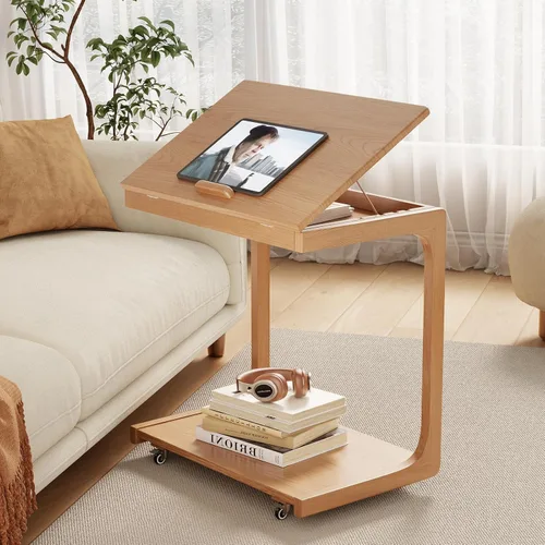 Vista 16 de AQIMUELE Mesa auxiliar de madera en forma de C, escritorio de sofá con 2 ruedas con cerradura, mesa de sofá de 4 niveles con bolsa de Natural