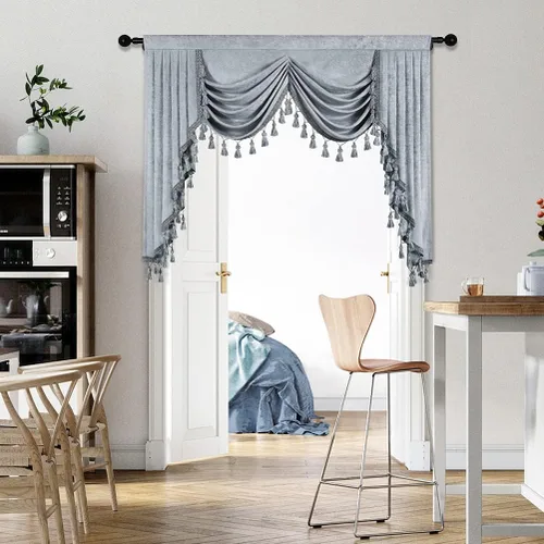 Vista 57 de ELKCA Cenefa de cortina de felpilla beige para ventana de sala de estar, cenefa de cascada para dormitorio, bolsillo para barra
