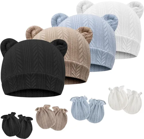 Vista 18 de Conjunto de gorro y mitones para recién nacidos con orejas de oso, gorro para bebé, gorro de hospital para bebé niño o niña, de 0 a 3 meses 4