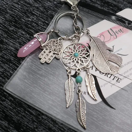 Vista 7 de MyfavoriteK Dreamcatcher Hamsa Llavero de buena suerte, adorno de piedras preciosas para llavero de coche