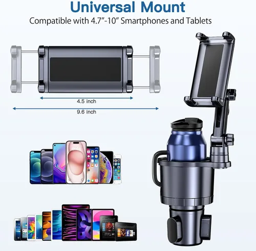 Vista 6 de Portavasos para teléfono y tableta, 2 en 1, iPad con brazo extensible ajustable para teléfono de 4.7 a 10 pulgadas, soporte para tableta compatible