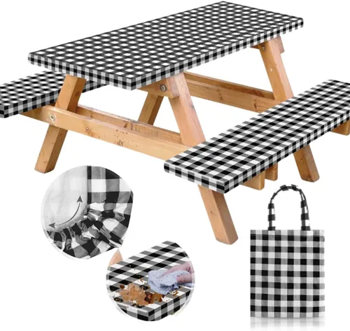 Vista 12 de RNOONY Cubierta de Mesa de Picnic de Vinilo Ajustable con Fundas de Banco y Bolsa, Mantel de 6 pies para Exteriores Impermeable y Resistente al
