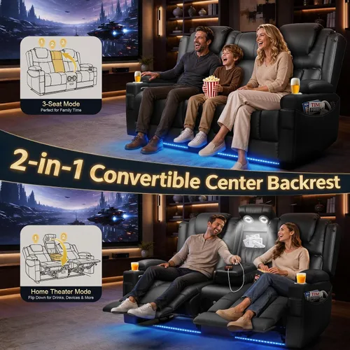 Vista 5 de Sofá reclinable eléctrico, asiento de cine en casa con consola abatible, sofá biplaza reclinable de pared con luz LED, puertos USB, sofá de casa