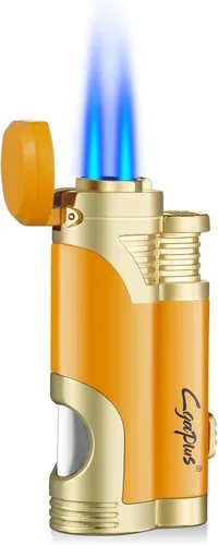 Vista 11 de GUEVARA Encendedor de Antorcha de Butano con Punzón a Prueba de Viento de Doble Chorro (Negro-Dorado) Dual jet flame, windproof, butane refillable