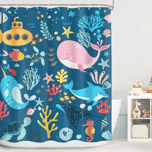 Vista 15 de Cortina de ducha para niños, océano, verano, linda ballena de dibujos animados, divertida decoración de baño para guardería, niños y niñas
