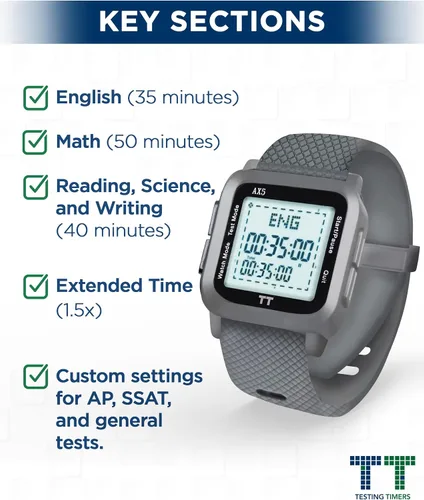 Vista 5 de ACT - Reloj de pulsera digital silencioso y fácil de usar, con sección preprogramada para ACT y marcador para monitorear el tiempo transcurrido