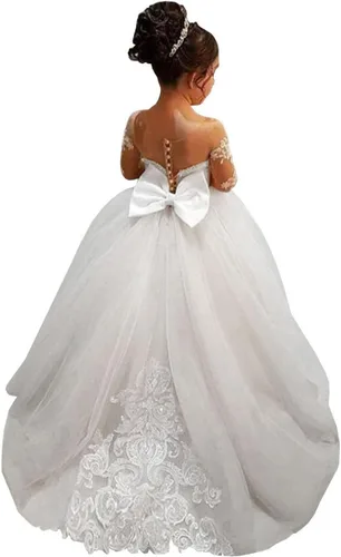 Vista 7 de Vestido de princesa de manga larga con encaje de marfil blanco para niña de flores, vestido de desfile GZY202 Color: como el de la imagen.