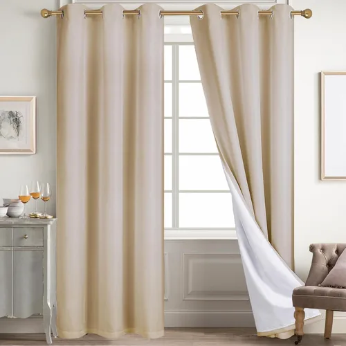 Vista 64 de Diraysid Cortinas 100% opacas de lino beige para dormitorio, con ojales, aislamiento térmico, cortinas de oscurecimiento de habitación