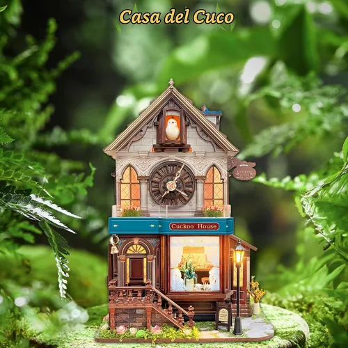 Vista 4 de SUNNINO Kit de casa de muñecas en miniatura, rompecabezas de madera 3D de cuco para adultos, kit de construcción de mini casa con 3 modos