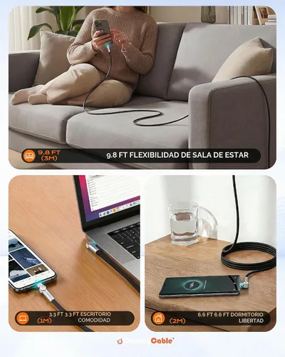 Vista 7 de chubbycable Chubby RotateX - Cable de carga rápida giratorio de 240 W, doble 180°, con luz LED, cable USB C de silicona suave, cable de carga extra