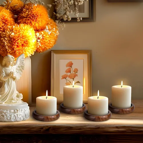 Vista 4 de Juego de 4 portavelas para velas de pilar, portavelas de madera de granja, soporte de vela de madera rústica, bandeja de velas decorativa para sala