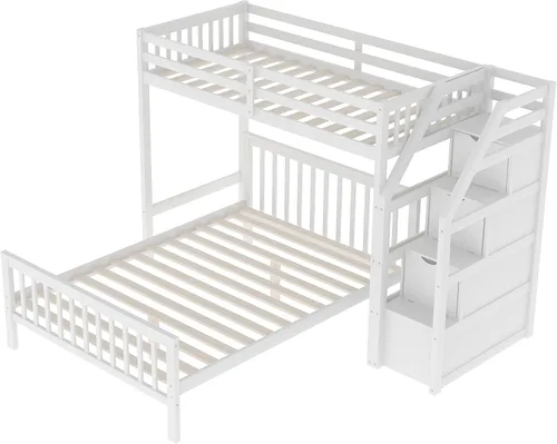 Vista 5 de Litera en forma de L individual sobre matrimonial, cama tipo loft individual con cajones de almacenamiento (blanco)