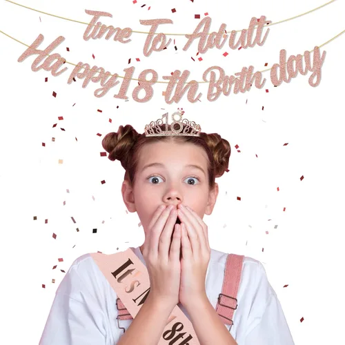Vista 3 de Decoraciones de cumpleaños número 18 de oro rosa para niñas, pancarta de cumpleaños número 18, banda de cumpleaños 18, tiara de 40 pulgadas, número