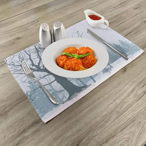 Vista 2 de Ambesonne Juego de 4 manteles individuales de invierno, diseño de árbol sin hojas en el bosque nevado y pájaros voladores, manteles individuales
