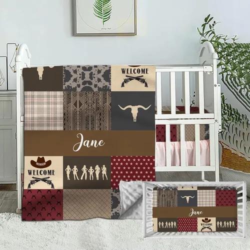 Vista 13 de Juego de ropa de cama de bebé personalizado para bebés niños, juego de ropa de cama de bebé personalizado con nombre, ropa de cama de bebé de Cowboy