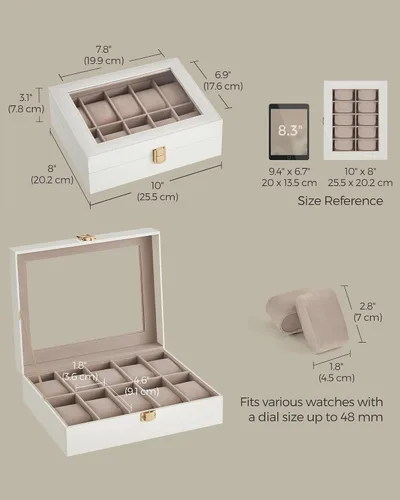 Vista 6 de SONGMICS Caja de reloj, regalos de Navidad, caja de reloj de 10 ranuras con tapa de vidrio grande, almohadas de reloj extraíbles, organizador