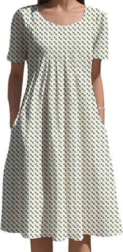 Vista 15 de Vestidos bohemios para mujer, estampado floral, manga corta, cuello redondo, talla grande, vestido de vacaciones con bolsillos para verano 2025