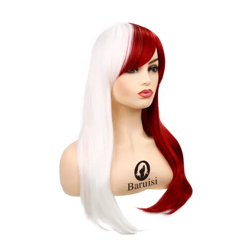 Vista 4 de Baruisi Peluca larga y recta de anime para mujer, peluca de cabello sintético de Halloween rojo y blanco