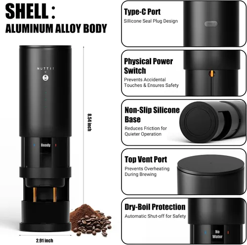 Vista 2 de Nuttii E-Coffee - Máquina de café espresso portátil, cafetera de viaje autocalentable de 20 bares, control de presión preciso para extracción