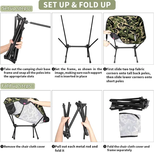 Vista 6 de Silla de camping portátil, sillas plegables para exteriores, silla ligera de camuflaje verde, sillas de playa plegables al aire libre para adultos